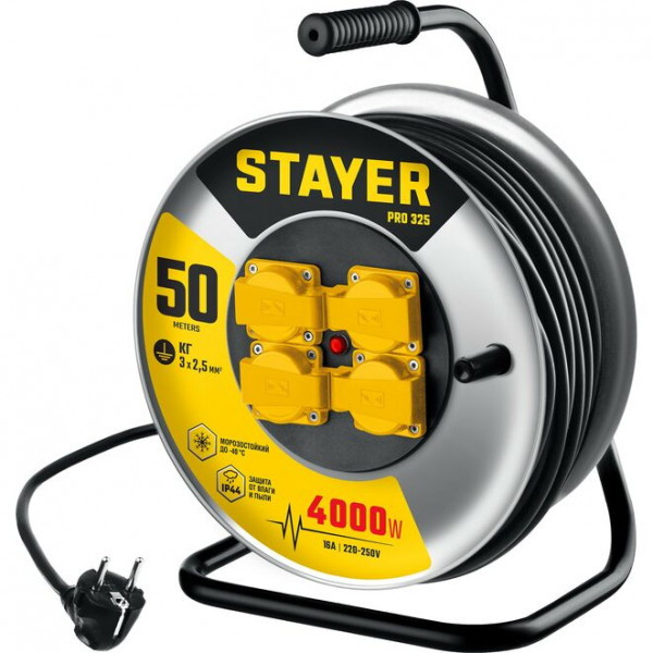STAYER PRO 325 КГ 3х2.5 50м 4000Вт IP44, Силовой удлинитель на стальной катушке (55076-50_z01)