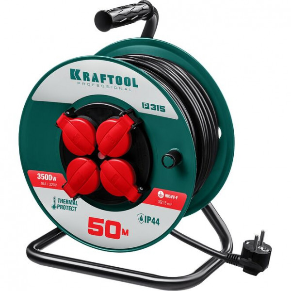 KRAFTOOL P-315, ПВС 3х1.5 50м, 3500Вт IP44, Силовой удлинитель на катушке (55084-50)