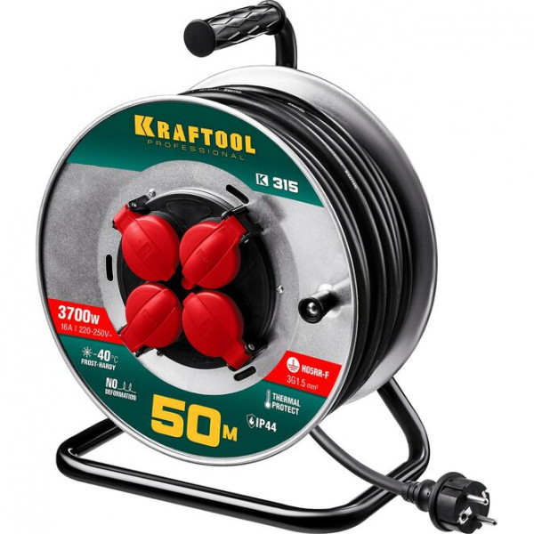 KRAFTOOL K-315, КГ 3х1.5 50м 3700Вт IP44, Силовой удлинитель на стальной катушке (55085-50)