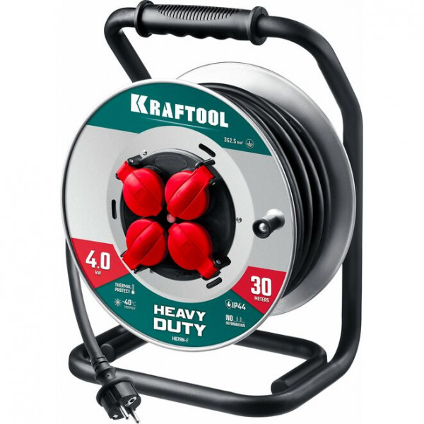 KRAFTOOL КГ 3х2.5 30м 4000Вт IP44, HEAVY DUTY Силовой удлинитель на стальной катушке (55086-30_z01)