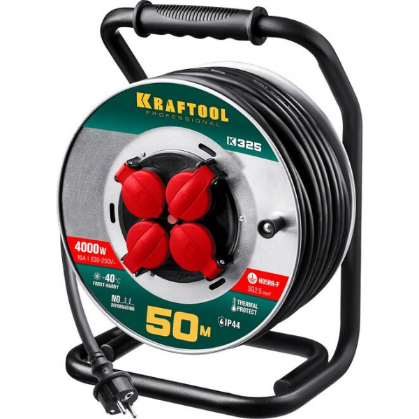 KRAFTOOL K-325, КГ 3х2.5 50м 4000Вт IP44, Силовой удлинитель на стальной катушке (55086-50)